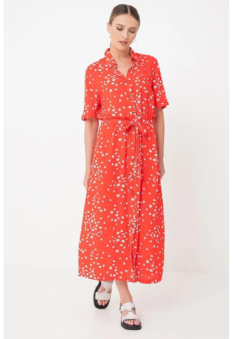 Rochie-camasa maxi vaporoasa cu model floral Island Escape, Alb/Rosu vermillion