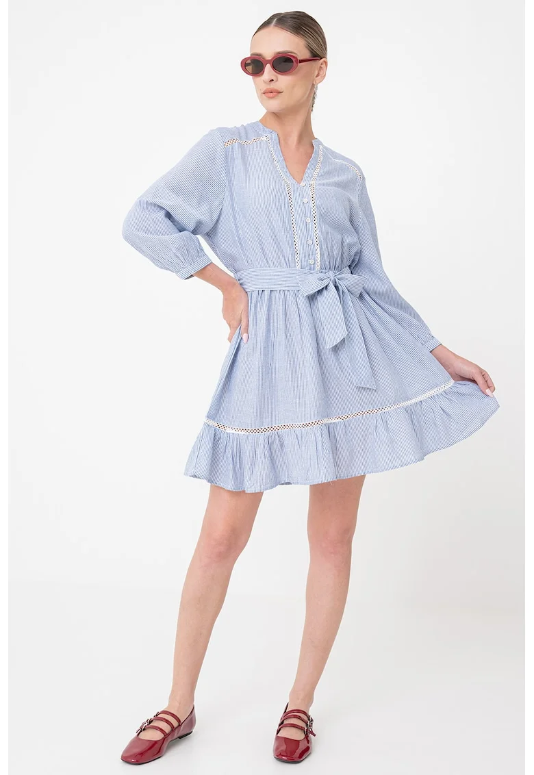 Rochie cu decolteu in V si model in dungi, Alb/Albastru inchis