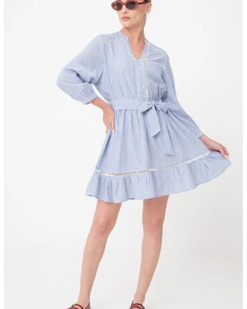 Rochie cu decolteu in V si model in dungi, Alb/Albastru inchis