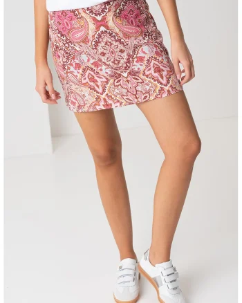 Fusta cu talie inalta si model, Caramiziu/Roz