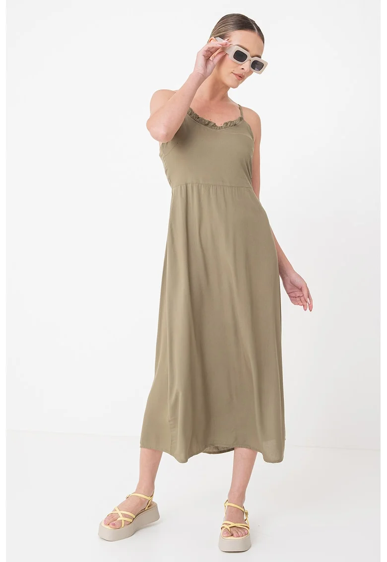 Rochie maxi cu decolteu cu volane, Verde feriga