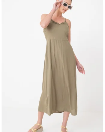 Rochie maxi cu decolteu cu volane, Verde feriga