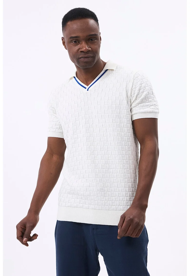 Tricou polo din amestec de bumbac, Albastru inchis/Alb murdar