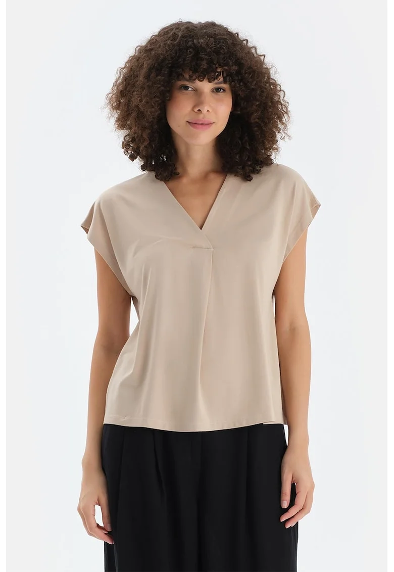 Bluza cu decolteu in V, Bej inchis