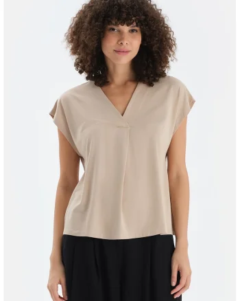 Bluza cu decolteu in V, Bej inchis