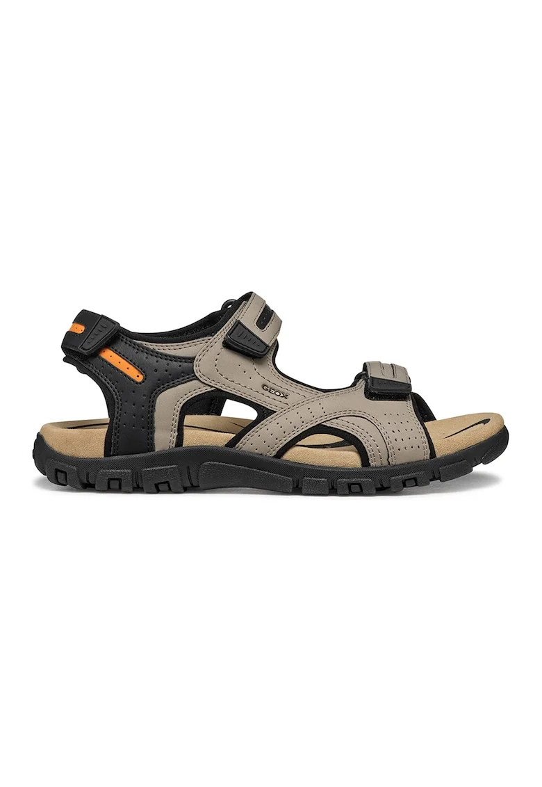 Sandale de piele ecologica cu velcro, Negru/Portocaliu mandarina/Maro taupe deschis