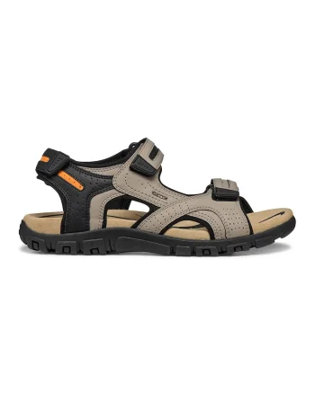 Sandale de piele ecologica cu velcro, Negru/Portocaliu mandarina/Maro taupe deschis