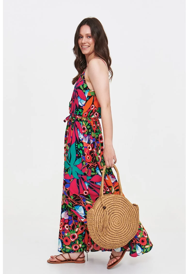 Rochie lunga cu imprimeu floral, Fucsia/Portocaliu deschis/Verde deschis