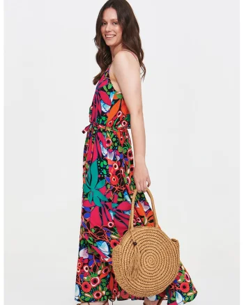 Rochie lunga cu imprimeu floral, Fucsia/Portocaliu deschis/Verde deschis