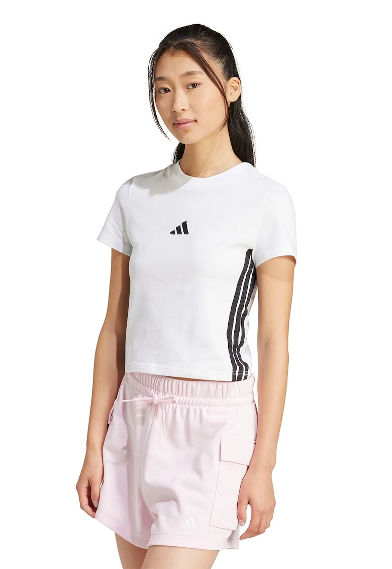 Tricou crop cu croiala slim-fit Essentials, Alb/Negru