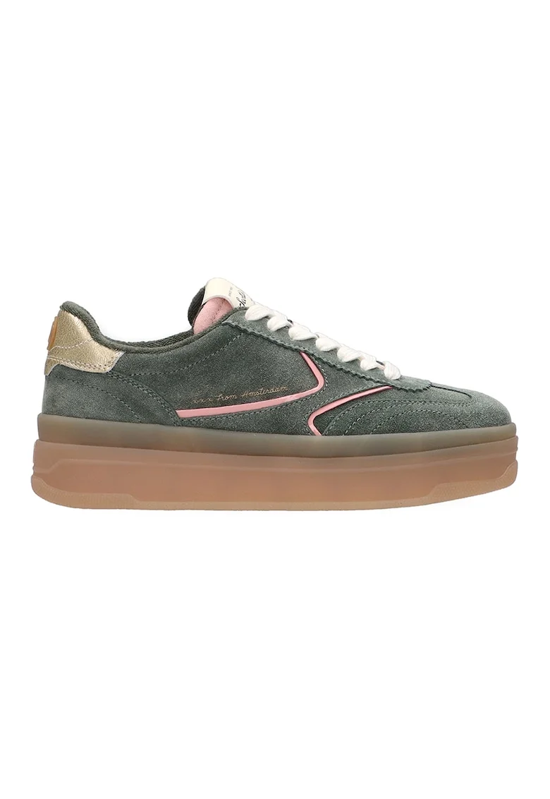 Pantofi sport de piele si piele intoarsa, Auriu/Kaki