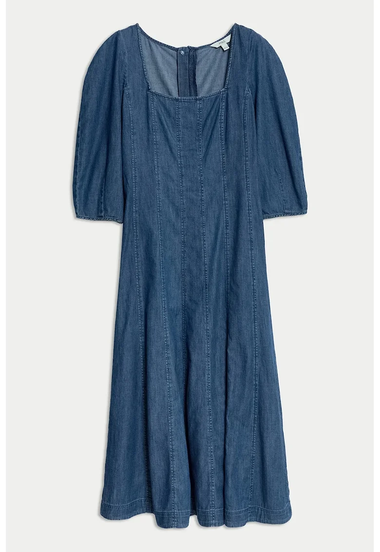 Rochie midi de bumbac cu decolteu patrat, Albastru inchis