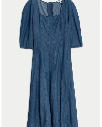 Rochie midi de bumbac cu decolteu patrat, Albastru inchis