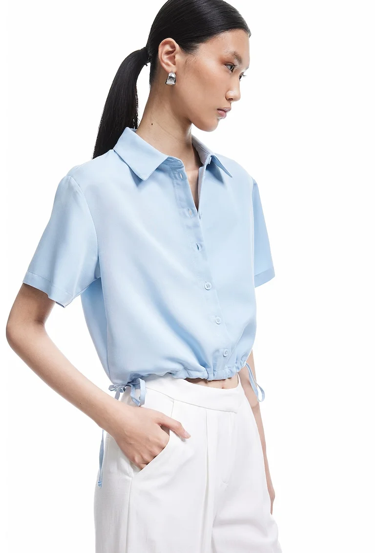 Camasa crop din amestec de modal cu snur, Albastru deschis