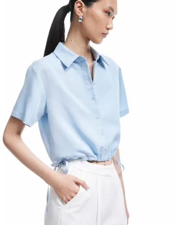 Camasa crop din amestec de modal cu snur, Albastru deschis