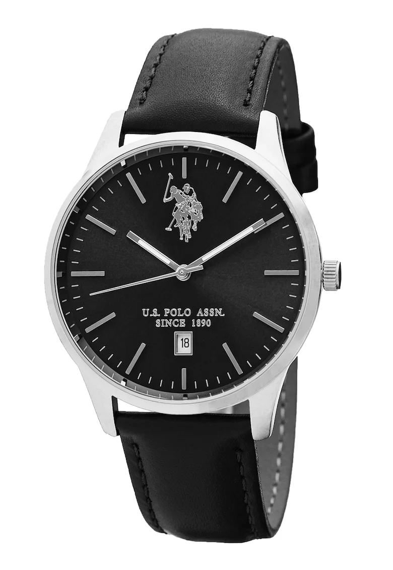 Ceas elegant cu curea din piele, Negru/Argintiu