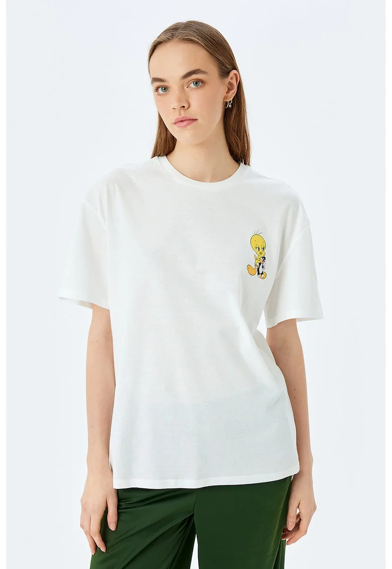 Tricou cu decolteu la baza gatului si imprimeu cu desene animate, Alb/Galben