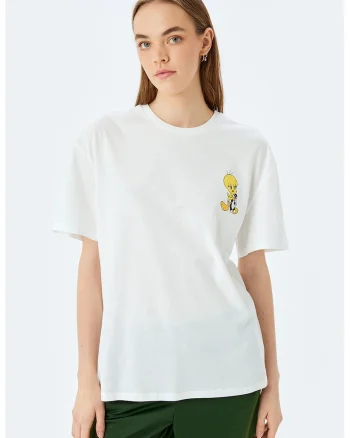 Tricou cu decolteu la baza gatului si imprimeu cu desene animate, Alb/Galben