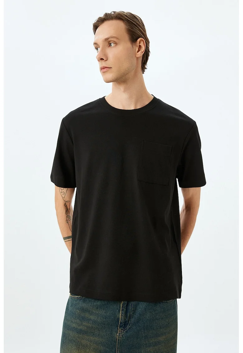 Tricou din bumbac cu decolteu la baza gatului si model uni, Negru