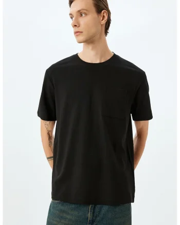 Tricou din bumbac cu decolteu la baza gatului si model uni, Negru