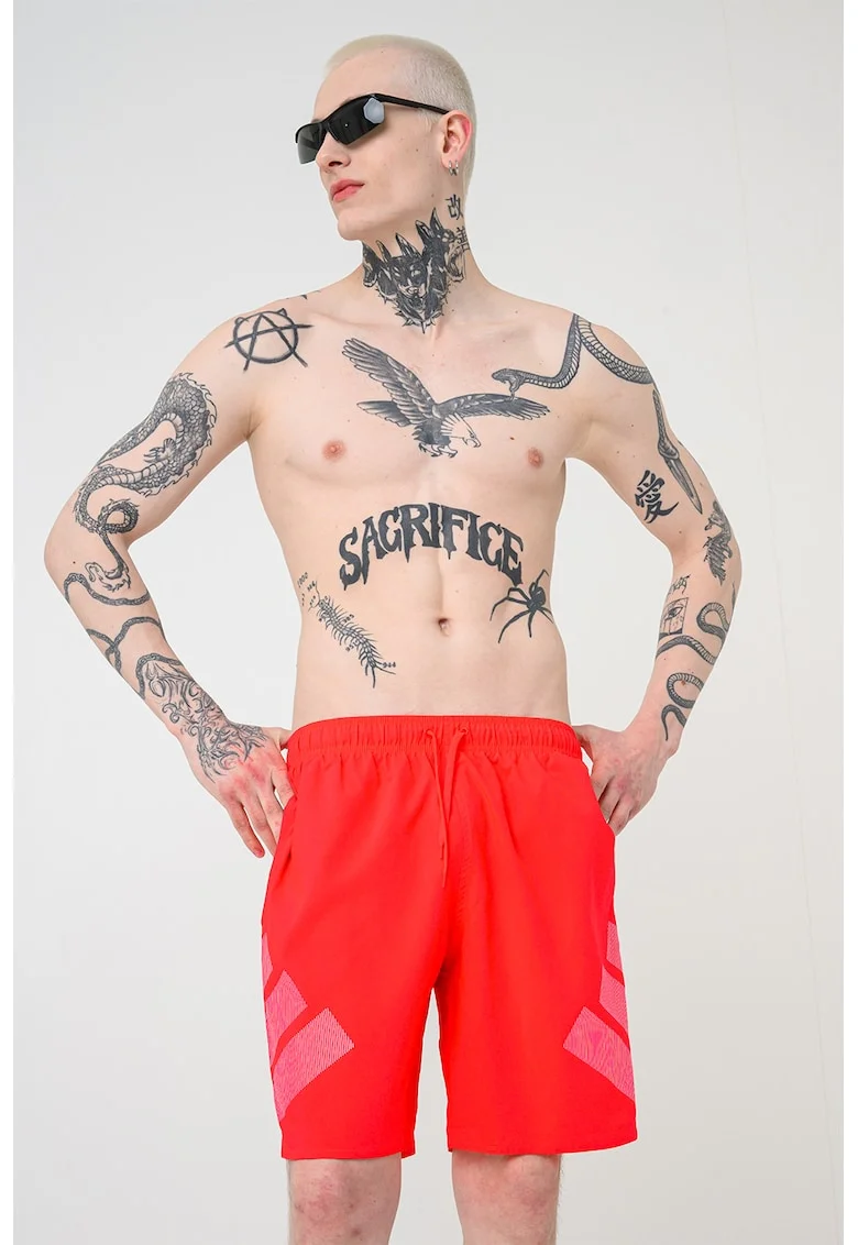 Pantaloni scurti de baie cu buzunare laterale si imprimeu logo, Rosu