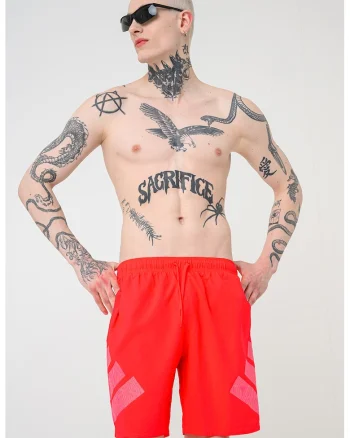 Pantaloni scurti de baie cu buzunare laterale si imprimeu logo, Rosu