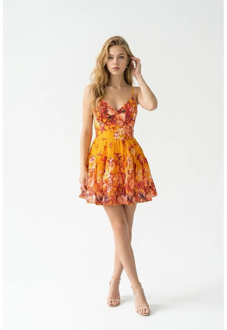 Rochie portocalie cu imprimeu cu corali, Portocaliu