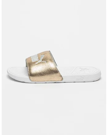 Papuci din piele cu logo Cool Cat 2.0, Alb/Auriu