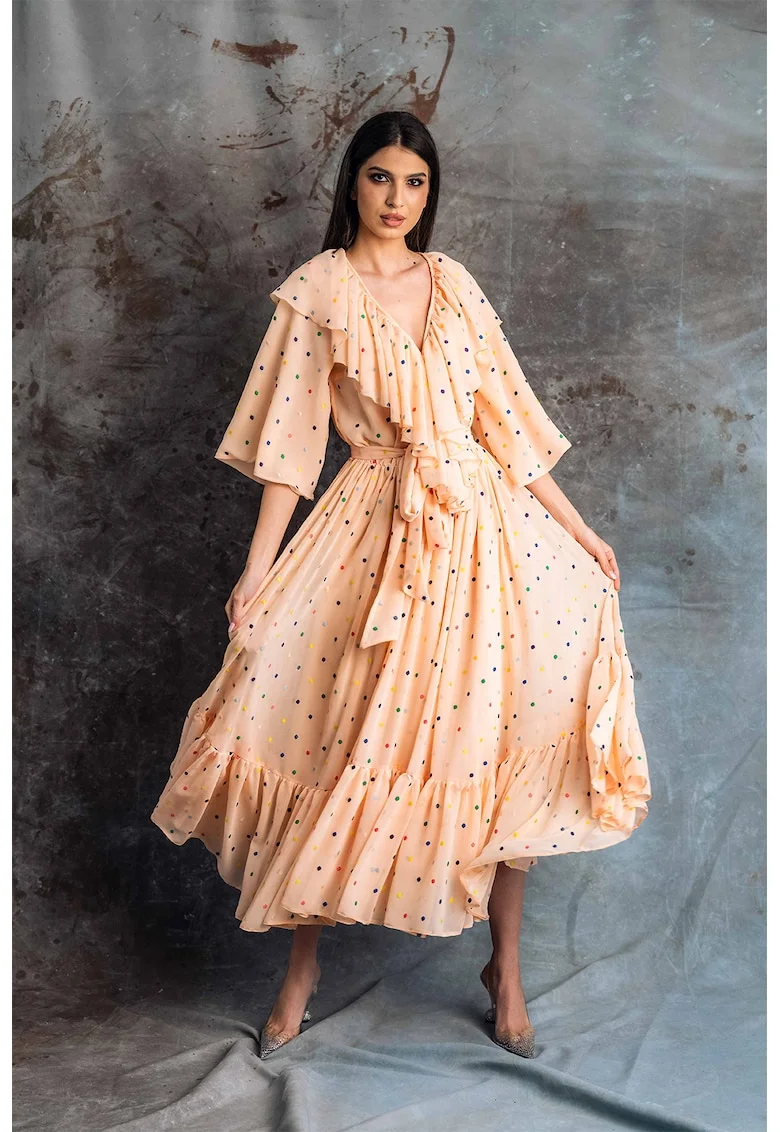 Rochie din amestec de matase cu garnituri cu volane Este, Piersica