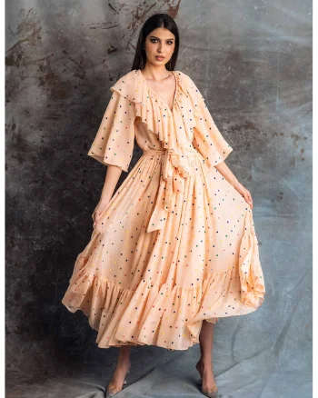 Rochie din amestec de matase cu garnituri cu volane Este, Piersica