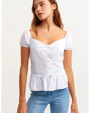 Bluza cu maneci scurte si terminatie cu volan, Alb optic