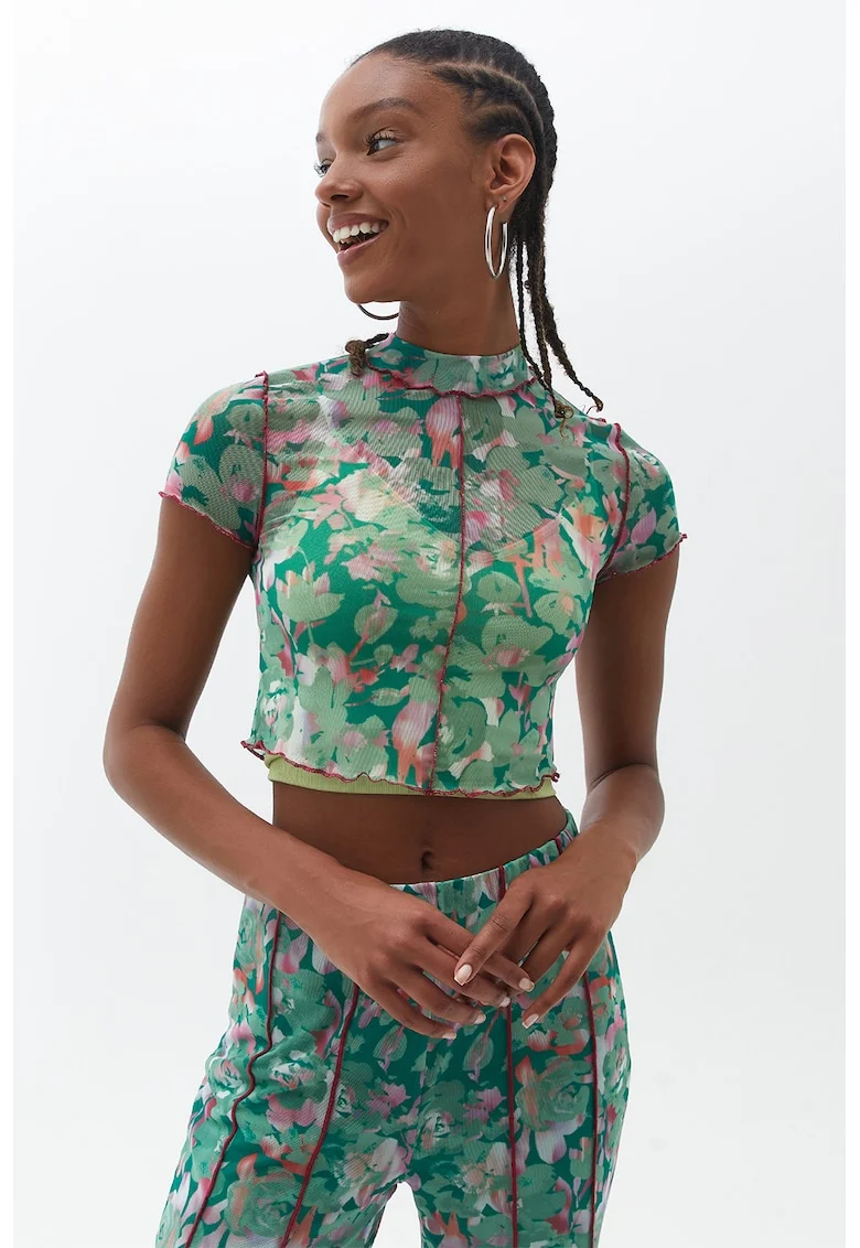 Tricou crop din plasa, Roz pastel/Verde pal/Alb murdar