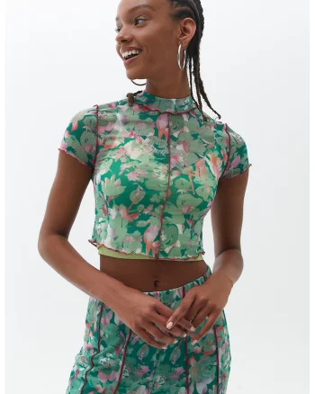 Tricou crop din plasa, Roz pastel/Verde pal/Alb murdar