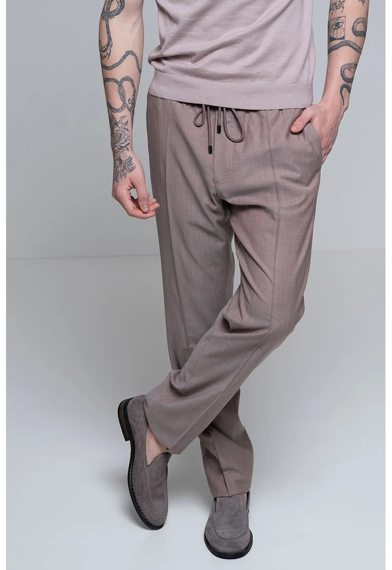 Pantaloni chino din amestec de lana, Maro deschis melange