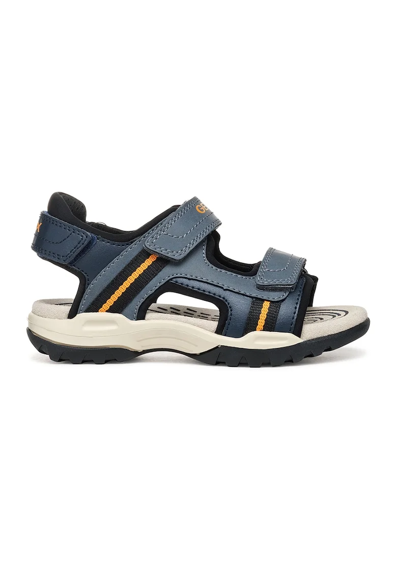 Sandale de piele ecologica cu banda velcro, Negru/Albastru petrol