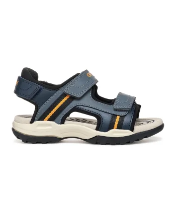 Sandale de piele ecologica cu banda velcro, Negru/Albastru petrol
