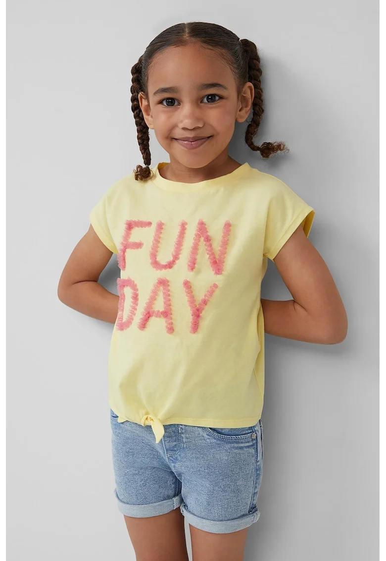 Tricou din bumbac cu detalii texturate, Galben pal/Roz prafuit