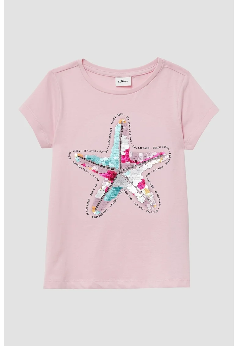 Tricou din bumbac cu aplicatii cu paiete, Rosu/Albastru glaciar/Roz prafuit