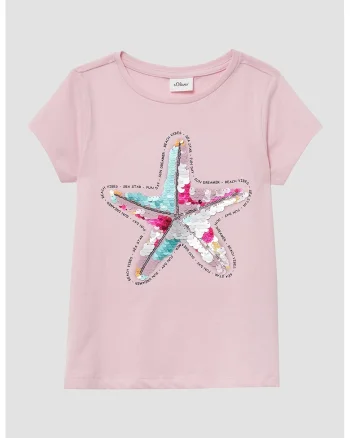 Tricou din bumbac cu aplicatii cu paiete, Rosu/Albastru glaciar/Roz prafuit