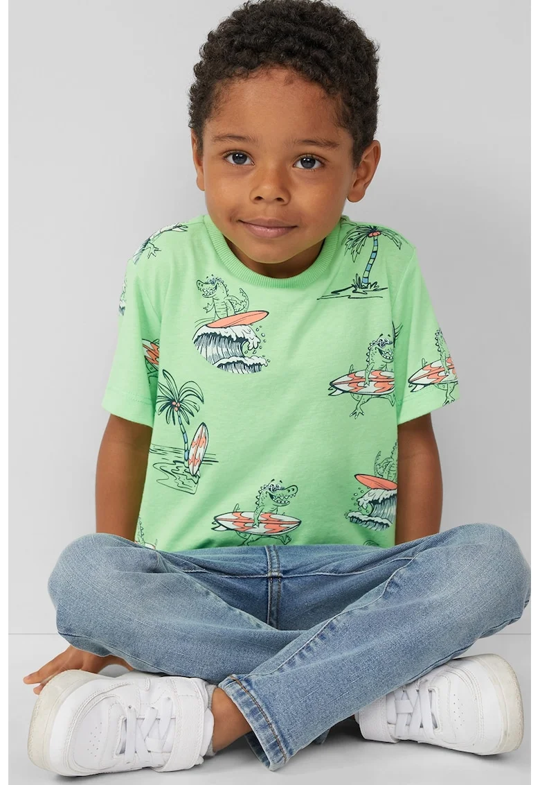 Tricou cu decolteu la baza gatului si imprimeu, Portocaliu/Albastru inchis/Verde pal