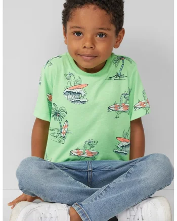 Tricou cu decolteu la baza gatului si imprimeu, Portocaliu/Albastru inchis/Verde pal