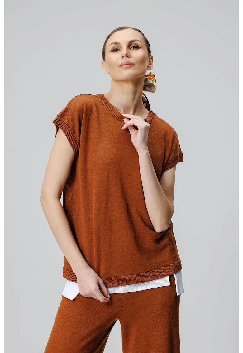 Tricou uni de in cu decolteu rotund, Caramel