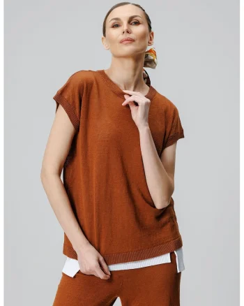 Tricou uni de in cu decolteu rotund, Caramel