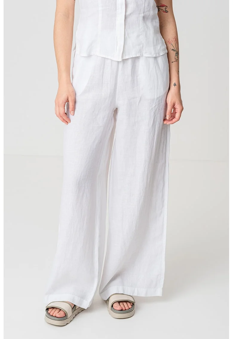 Pantaloni de in cu croiala ampla si talie elastica, Alb