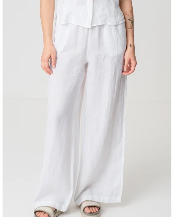 Pantaloni de in cu croiala ampla si talie elastica, Alb