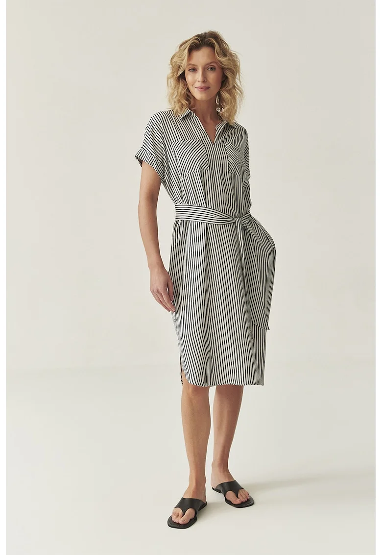 Rochie midi cu model in dungi, Negru/Alb murdar