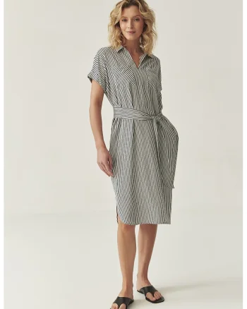 Rochie midi cu model in dungi, Negru/Alb murdar