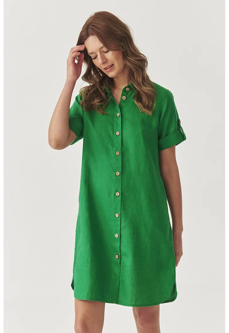 Rochie scurta din in cu nasturi, Verde