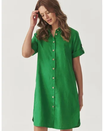 Rochie scurta din in cu nasturi, Verde