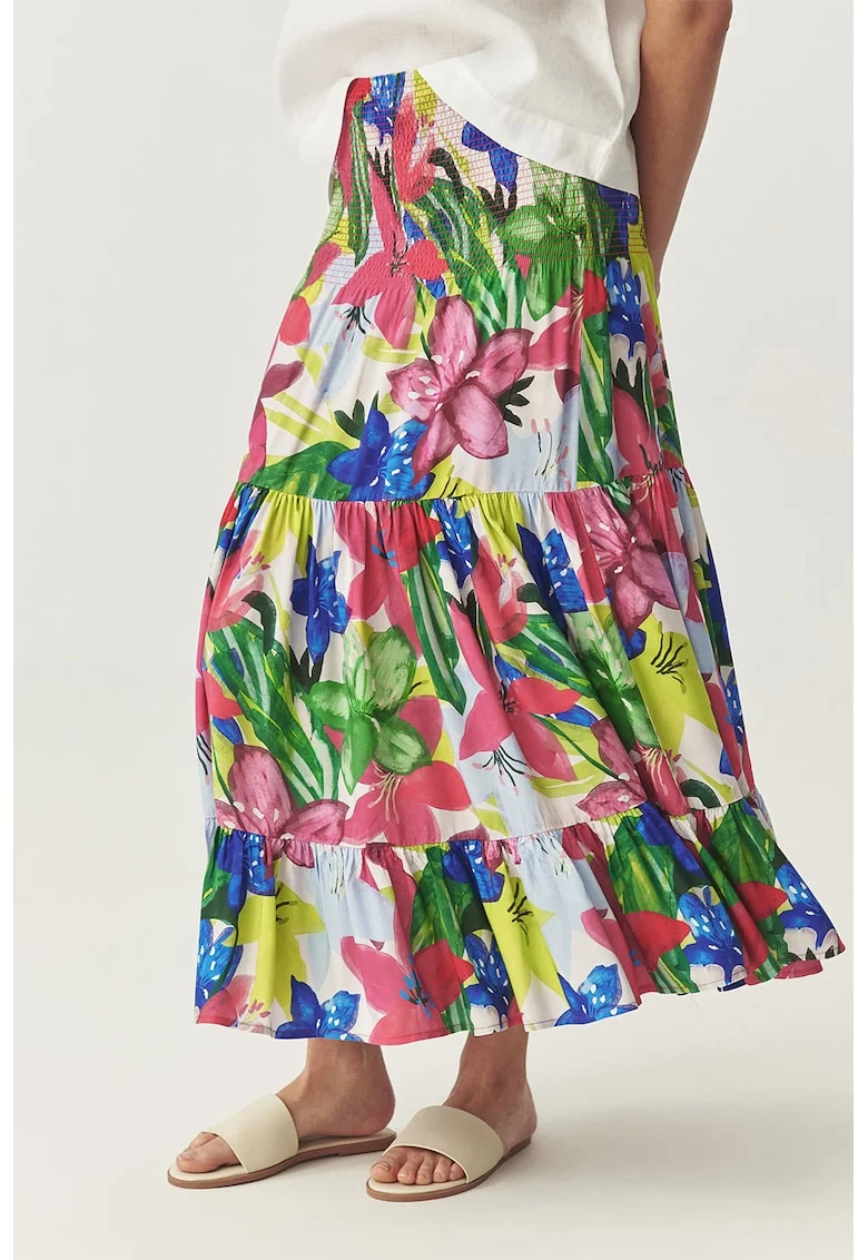 Fusta stratificata cu model floral, Albastru royal/Roz/Verde feriga